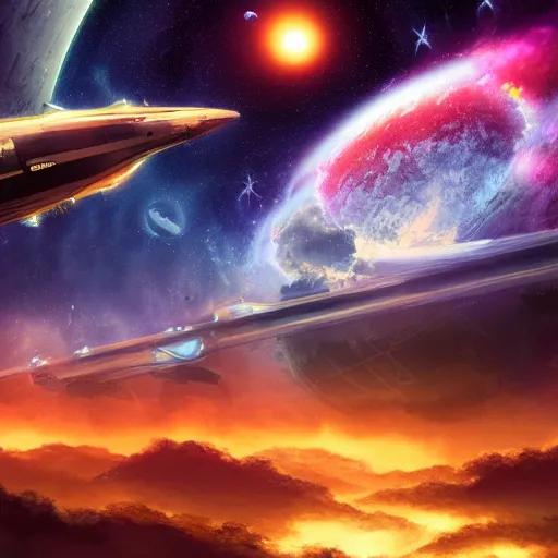 Prompt: sci - fi grand nightscape, spaceships flying low in the sky, wallpaper, d & d art, fantasy, painted, 4 k, high detail, sharp focus,