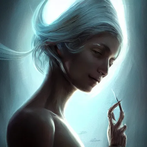 Image similar to A friendly wisp, digital painting, lots of details, extremely detailed, 4k, intricate, brush strokes, Artgerm, Christopher Balaskas, Bastien Lecouffe-Deharme