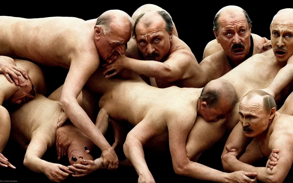 Prompt: horror film human centipede 2 with aleander lukashenko and putin and gaddafi stitched together into human centipede