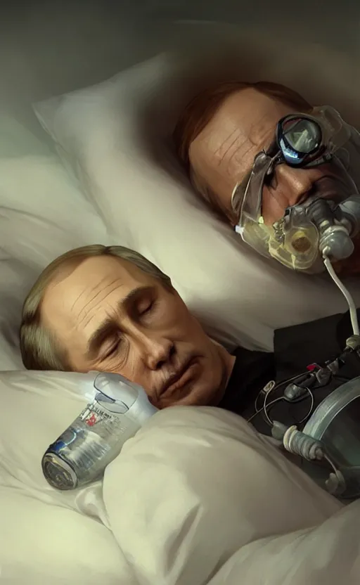 Image similar to Putin sleeps with oxygen mask on a death bed, intricate, portrait, miserable, highly detailed, digital painting, artstation, concept art, smooth, sharp focus, illustration, cinematic lighting, art by artgerm and greg rutkowski and alphonse mucha