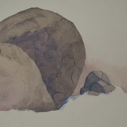 Prompt: snowy watercolor of sisyphus resting next to his boulder