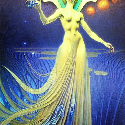 Image similar to realistic extremely detailed portrait painting of a ghost silhouette, futuristic sci-fi landscape on background by Jean Delville, Amano, Yves Tanguy, Alphonse Mucha, Ernst Haeckel, Edward Robert Hughes, Roger Dean, rich moody colours, blue eyes