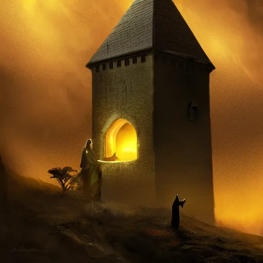 Image similar to A terrified catholic priest in his twenties kneeled in fervent prayer at the summit of a medieval tower. Looking up with eyes wide open with fear, looking straight at the viewer. Dressed in white. An ominous yellow shadow is descending upon him from the night sky. Award-winning digital art, trending on ArtStation