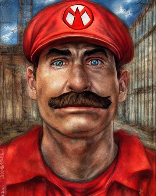 Prompt: portrait of super mario as a soviet factory worker, red cap, gritty, dirty, beautiful, very detailed, hyperrealistic, medium shot, very detailed painting by Glenn Fabry, by Joao Ruas