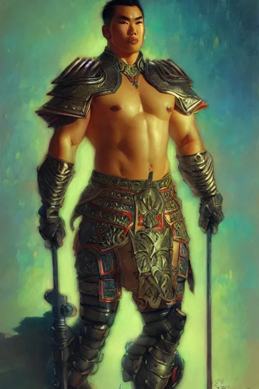 Prompt: attractive beefy male with armor, asian style, character design, colorful, neon lights, painting by gaston bussiere, craig mullins, j. c. leyendecker, tom of finland