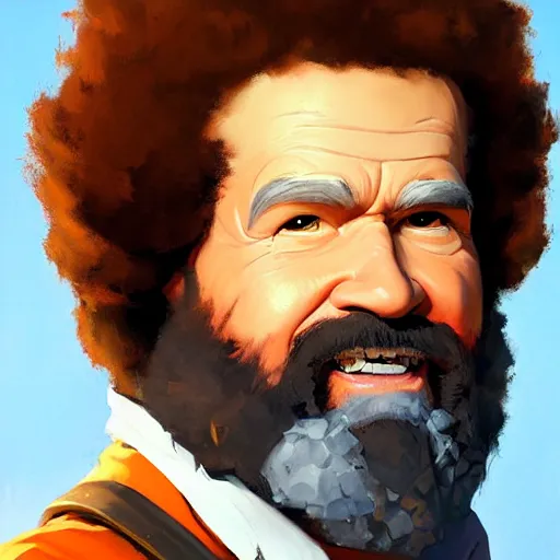 Image similar to Greg Manchess portrait painting of Bob Ross as Overwatch character, epic, medium shot, asymmetrical, profile picture, Organic Painting, sunny day, Matte Painting, bold shapes, hard edges, street art, trending on artstation, by Huang Guangjian and Gil Elvgren and Sachin Teng