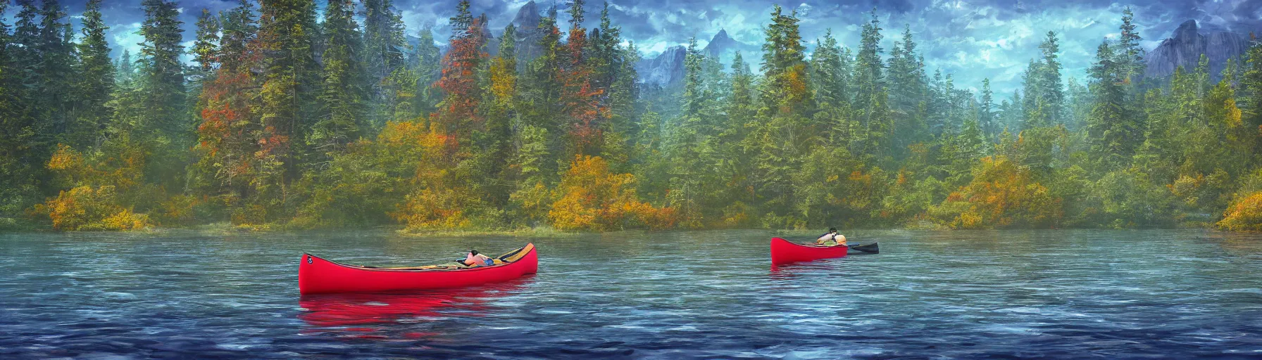 Prompt: a single canoe on a scenic northern Algonquin lake, vivid colors, high details, cinematic, 8k resolution, beautiful detailed, photorealistic, digital painting, artstation, concept art, smooth, sharp focus, illustration, fantasy background, artstation trending, octane render, unreal engine