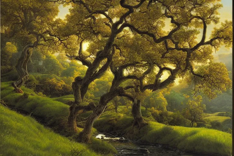 Image similar to masterpiece painting of oak trees on a hillside overlooking a creek, by james c. christensen