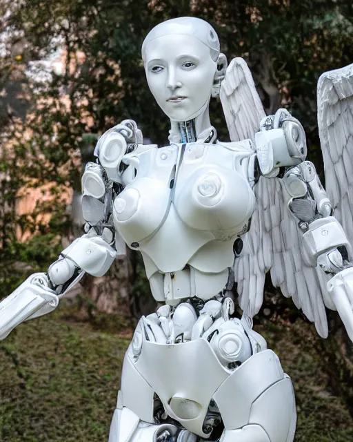 Prompt: sculpture of female angel with solarpunk mecha humanoid robotic parts with bright led lights, pudica pose gesture, by renoir, in a white room, ultra - realistic and intricate, hdr 8 k