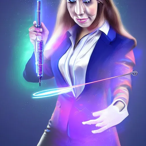 Prompt: Tired female magician in a business suit holding a wand, iridescent digital art, 4K, extremely detailed, trending on artstation