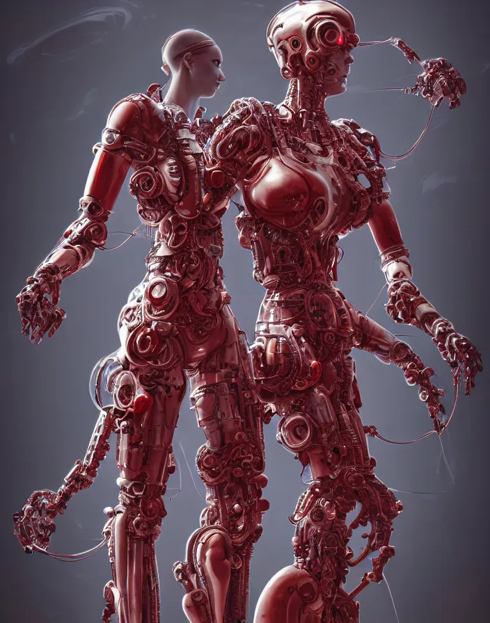 Image similar to portrait, antique marble statue, super hero pose, red white biomechanical dress, inflateble shapes, wearing epic bionic cyborg implants, masterpiece, intricate, biopunk futuristic wardrobe, highly detailed, art by akira, mike mignola, artstation, concept art, background galaxy, cyberpunk, octane render