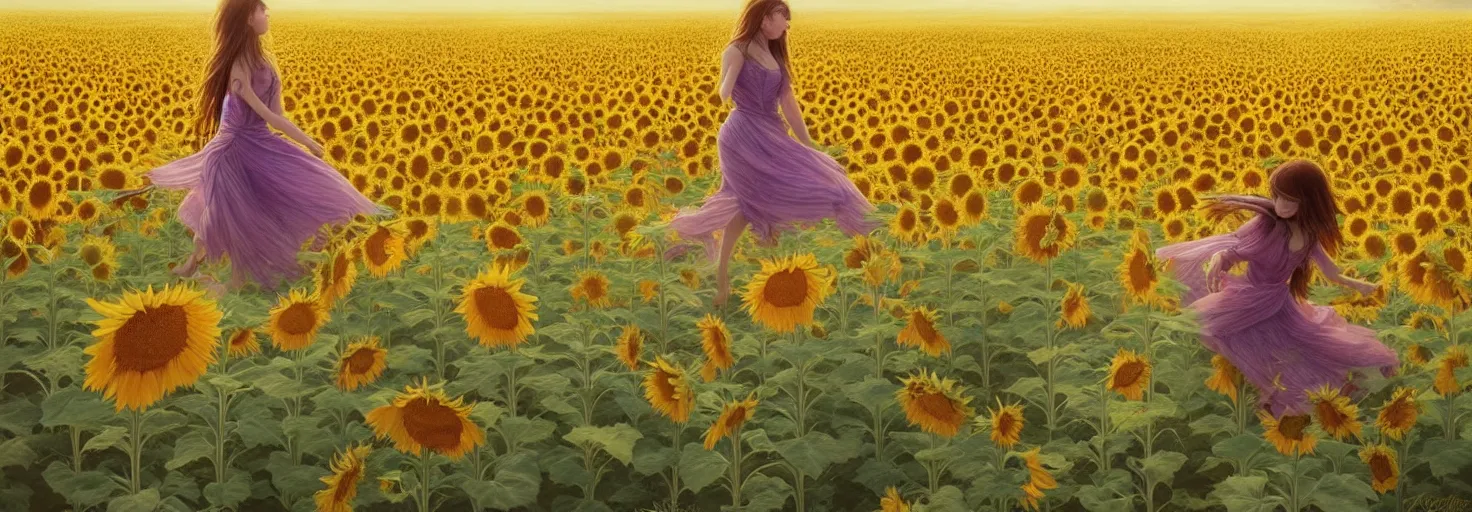 Prompt: beautiful young girl dancing in a fiery dress in a beautiful field of sunflowers and lilies, high detail, very realistic, by greg rutkowski, by james gurney ultra clear detailed, digital painting by ( ( makoto shinkai ) ), moebius moebius, surrealism, trending on artstation