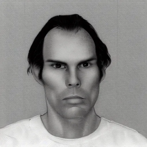 Prompt: A mugshot portrait of a man who looks like Jerma985 with a receding hairline and short mid-length wavy hair, wearing mid-1980s menswear in the late 1980s, taken in the late 1980s, grainy, realistic, hyperrealistic, very realistic, highly detailed, very detailed, extremely detailed, detailed, trending on artstation, front facing, front view, headshot and bodyshot, detailed face, very detailed face