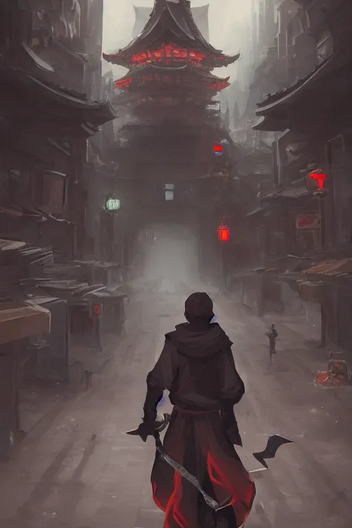 Image similar to a boy wielding a greatsword wearing a dark hoodie walking at the streets of Tokyo at night, concept art, digital painting, night lights, vending machines, aesthetic, trending on artstation, 8k, epic composition, intricate details, sharp focus