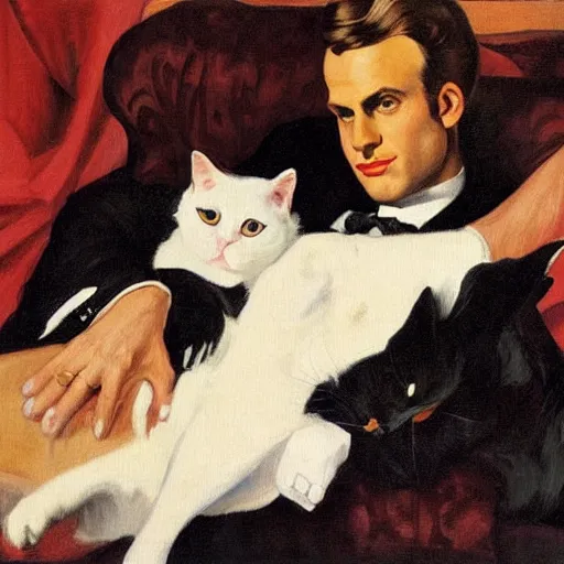 Image similar to portrait of macron reclining on the sofa, petting a cat, black suit, by j. c. leyendecker, tamara de lempicka