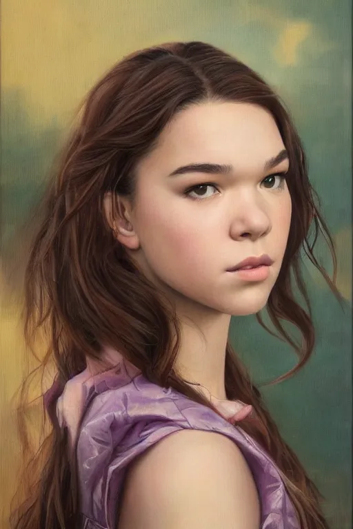 Prompt: Beautiful oil painting of Hailee Steinfeld as Kate Bishop by Titian and Chie Yoshii, portrait, Marvel, Hawkeye, blush, symmetrical face, intricate, face, elegant, light purple mist, highly detailed, dramatic lighting, sharp focus