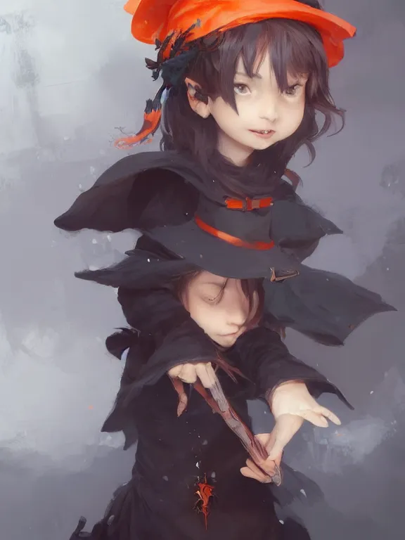 Image similar to Full shot of a cute mischievous young witch about to get up to some trouble. Black and Orange palette. By Ruan Jia and Artgerm and Range Murata and WLOP and CLAMP and Loish. Key Art. Fantasy Illustration. award winning, Artstation, intricate details, realistic, Hyperdetailed, 8k resolution.