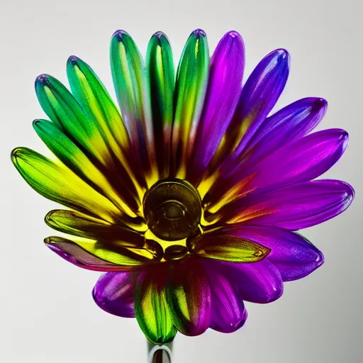 Prompt: An ultra high definition studio photograph of an alien flower that is (((((wilting))))) in a simple vase on a plinth. The flower is multicoloured iridescent. High contrast, key light, 70mm.