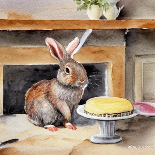 Prompt: a rabbit putting a cake into the oven in a beautiful french rustic kitchen, realistic watercolour