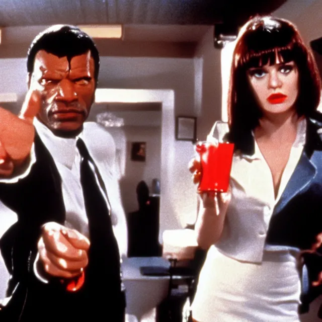 Prompt: film still from Pulp Fiction (1994) but every character is Donald Trump