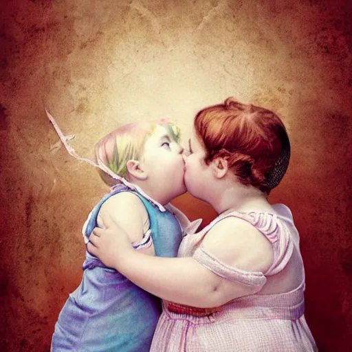 Prompt: the same style. the most beautiful little fat sweet girl is kissing a huge colorful cute fish. modern etching. colored print. hype realistic scene. old photography style. studio lighting. window. 3 d, octane render, deep focus, fashion style, white scene. very funny and sweet art. unreal engine. watercolor. fellini style. poster quality