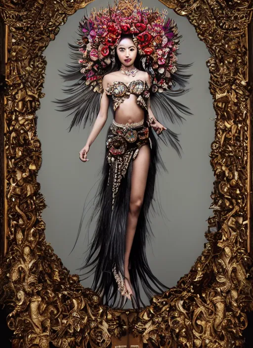 Prompt: expressive full body photo of a thai female model, ornate headpiece made from flowers, ornaments, glamour shot, by karol bak, by stefan gesell, photorealistic, canon r 3, fashion photography, hyper maximalist, elegant, ornate, luxury, elite, environmental portrait, symmetrical features, octane render, unreal engine, solid dark grey background, dramatic lights