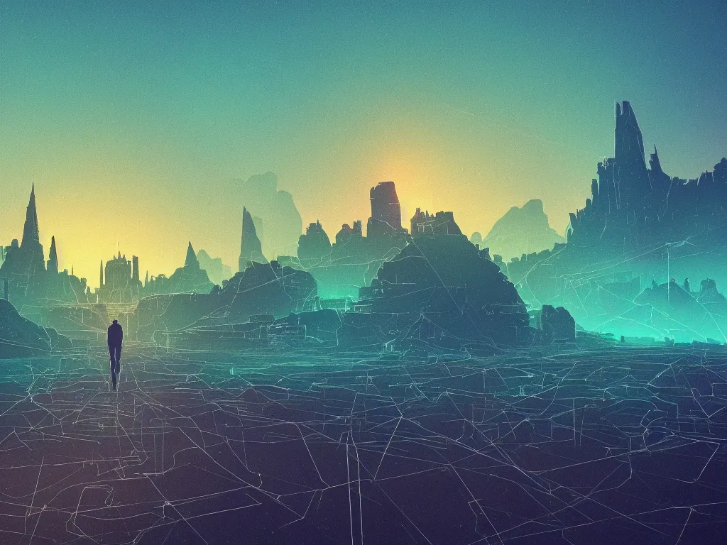 Image similar to synthwave landscape of a virtual traveler walking towards a distant castle , cyberspace, grid, virtual, night, wireframe, by John Smith, by Alena Aenami, by Greg Rutkowski, wide angle, highly detailed, cinematic, Blue and Green color scheme