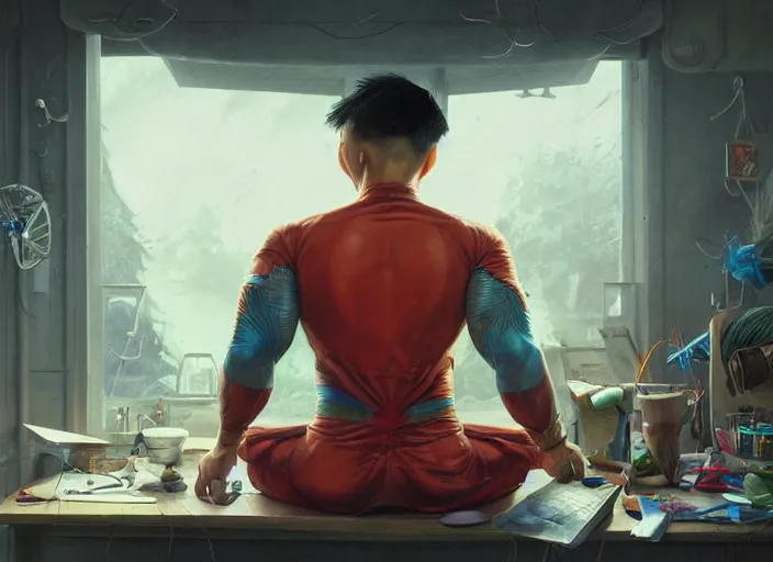 Image similar to an insanely detailed painting of an asian man wearing a homemade superhero costume, sitting at a desk, staring seriously at the computer and typing, in the style of peter mohrbacher, james jean, artgerm, dramatic lighting and composition, surreal background, octane render, pixar, trending on artstation, concept art, comic book, view from behind, 8 k