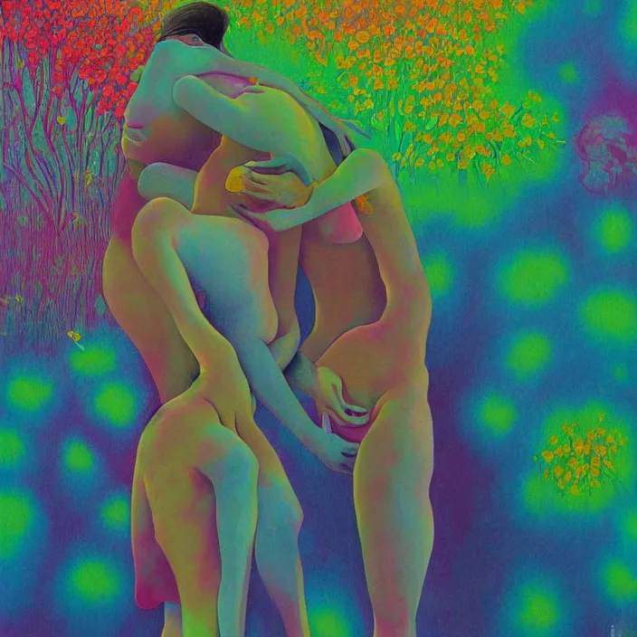 Image similar to portrait of women hugging made of colorful rainbow fractal flowers hugging Edward Hopper and James Gilleard, Zdzislaw Beksinski, highly detailed