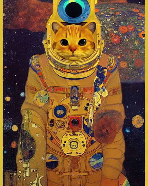 Image similar to cosmonaut cat portrait an oil painting splashes with many colors and shapes by gustav klimt greg rutkowski and alphonse mucha, polycount, generative art, psychedelic, fractalism, glitch art