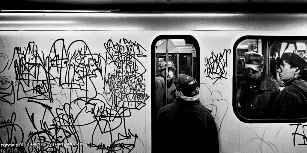 Image similar to new york subway cabin 1 9 8 0 s inside all in graffiti, man in carhartt jacket closeup, policeman closeup, film photography, exposed b & w photography, christopher morris photography, bruce davidson photography