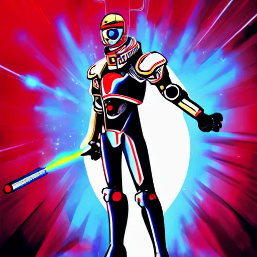 Prompt: a cyborg knight wearing space armor and holding a laser lance, cyberpunk, futurustic, red white and gold color scheme