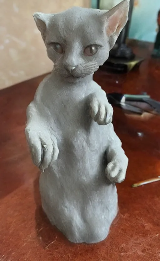 Image similar to a sculpture made from wax of a kitten.