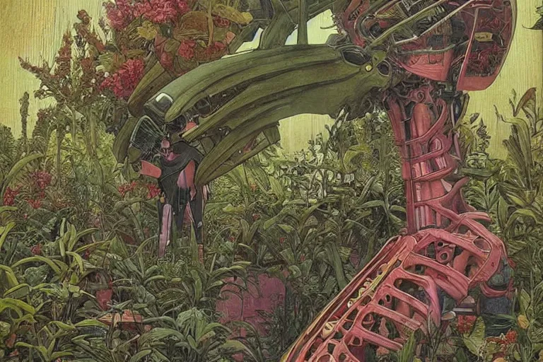 Prompt: gigantic robot - girl head floating in the space, a lot of exotic plants, trees, flowers, oldschool vintage sci - fi flat surreal grainy design, super - detailed, painting by enki bilal and moebius