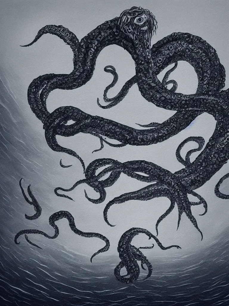 Image similar to minimalist painting of a kraken hidden in the depths of the ocean, detailed, dark, ominous