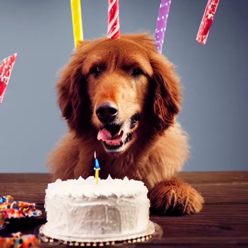 Image similar to large brown shaggy dog blowing out a birthday cake, photorealistic, 3 5 degree shot, movie still, 4 k, 1 2 0 mm focus