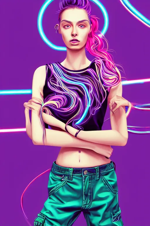 Image similar to a award winning half body portrait of a beautiful woman with stunning eyes in a croptop and cargo pants with ombre purple pink teal hairstyle and hands in pockets by thomas danthony, surrounded by whirling illuminated lines, outrun, vaporware, shaded flat illustration, digital art, trending on artstation, highly detailed, fine detail, intricate