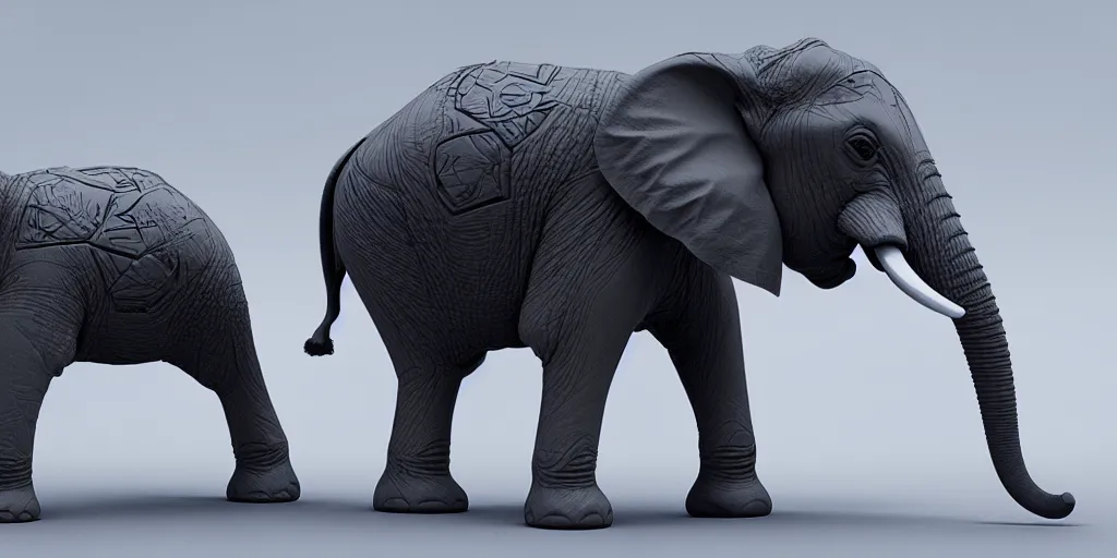 Prompt: baby elephant wearing low-poly, body-armor, intricate detail, military-grade, futuristic, orthographic, octane render, 4k, dynamic pose