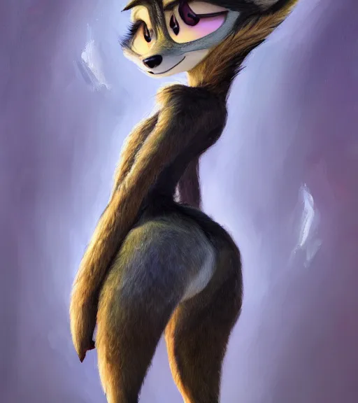 Image similar to oil painting of full body of anthromorphic female wolf, in style of zootopia, zootopia, zootopia, fursona, furry, furaffinity, 4 k, deviantart, furry art, fursona art, wearing black business suit, business suit, in style of zootopia, wolf fursona, cyberpunk, female, expressive detailed feminine face,