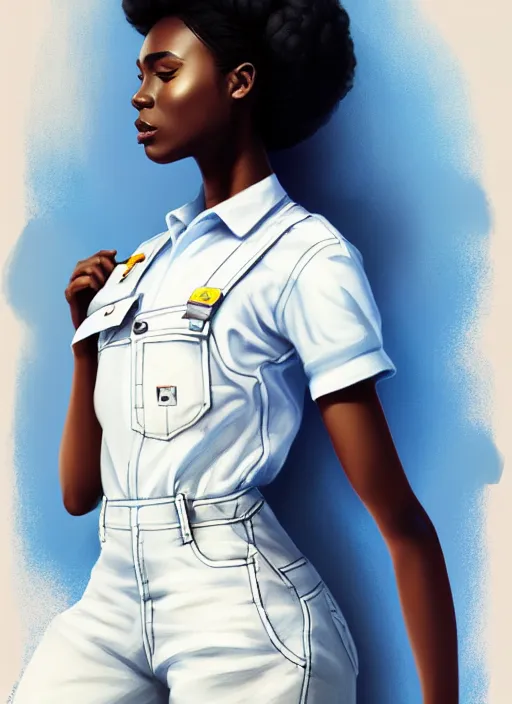 Image similar to full body portrait of beautiful black woman wearing white t - shirt and blue denim overalls, fireman's helmet, intricate, beautiful and elegant, highly detailed, digital painting, artstation, concept art, smooth, sharp focus, illustration, art by wlop, mars ravelo and greg rutkowski