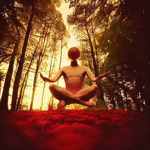 Image similar to photograph taken by a rolleiflex tlr, 1 2 0 mm, portrait, a fly agaric mushroom shaped like a human, meditating, sunset, shot by ryan mcginley, moon in sky, night time