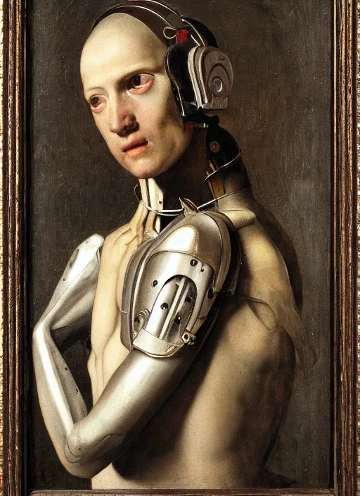 Image similar to a portrait of a cyborg by Petrus Christus, renaissance style