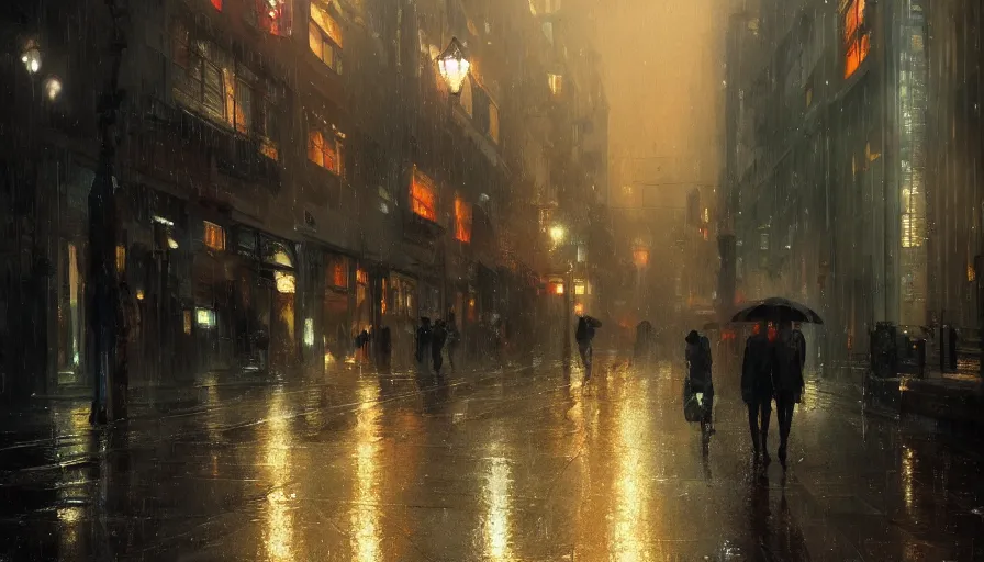 Prompt: city street in early xx century in early evening by street lights during rain, shadows, reflections, epic composition, intricate, elegant, volumetric lighting, digital painting, highly detailed, artstation, sharp focus, illustration, concept art, ruan jia, steve mccurry