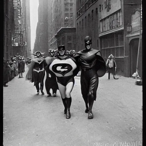 Image similar to 1 9 3 0 s photography of superheroes walking a new york alley