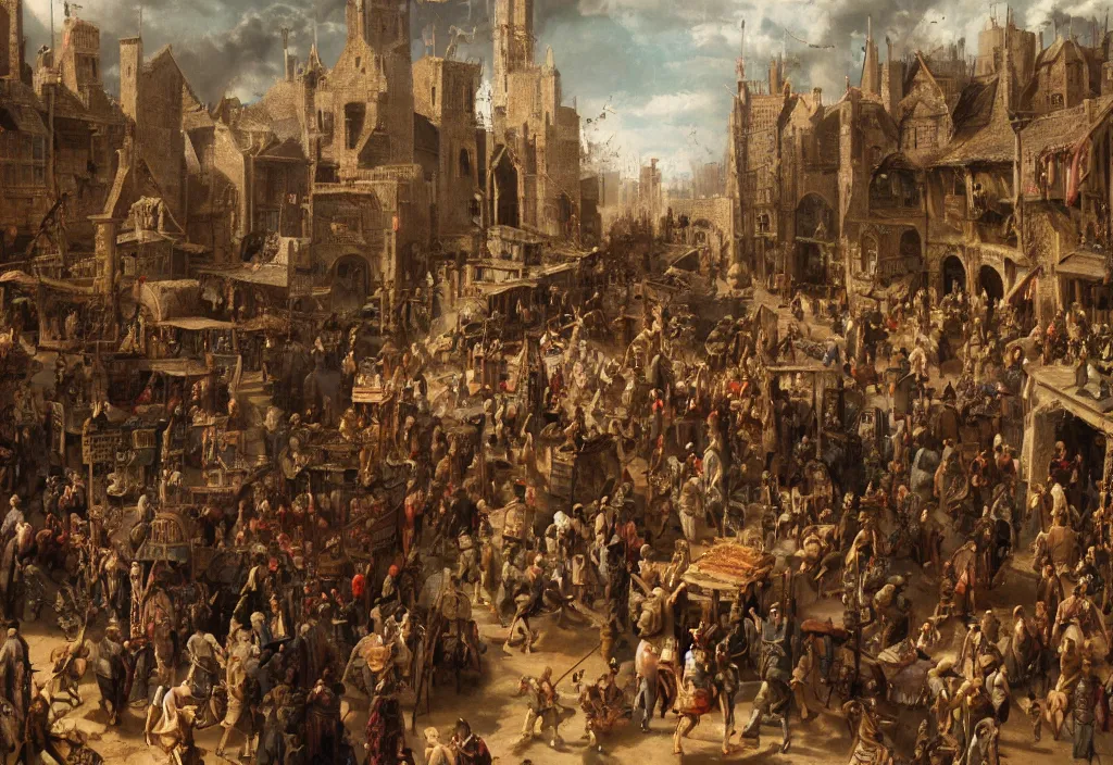 Image similar to photography crowd of emma watsons fight with nicholas cage in a medieval market detailed matte painting,