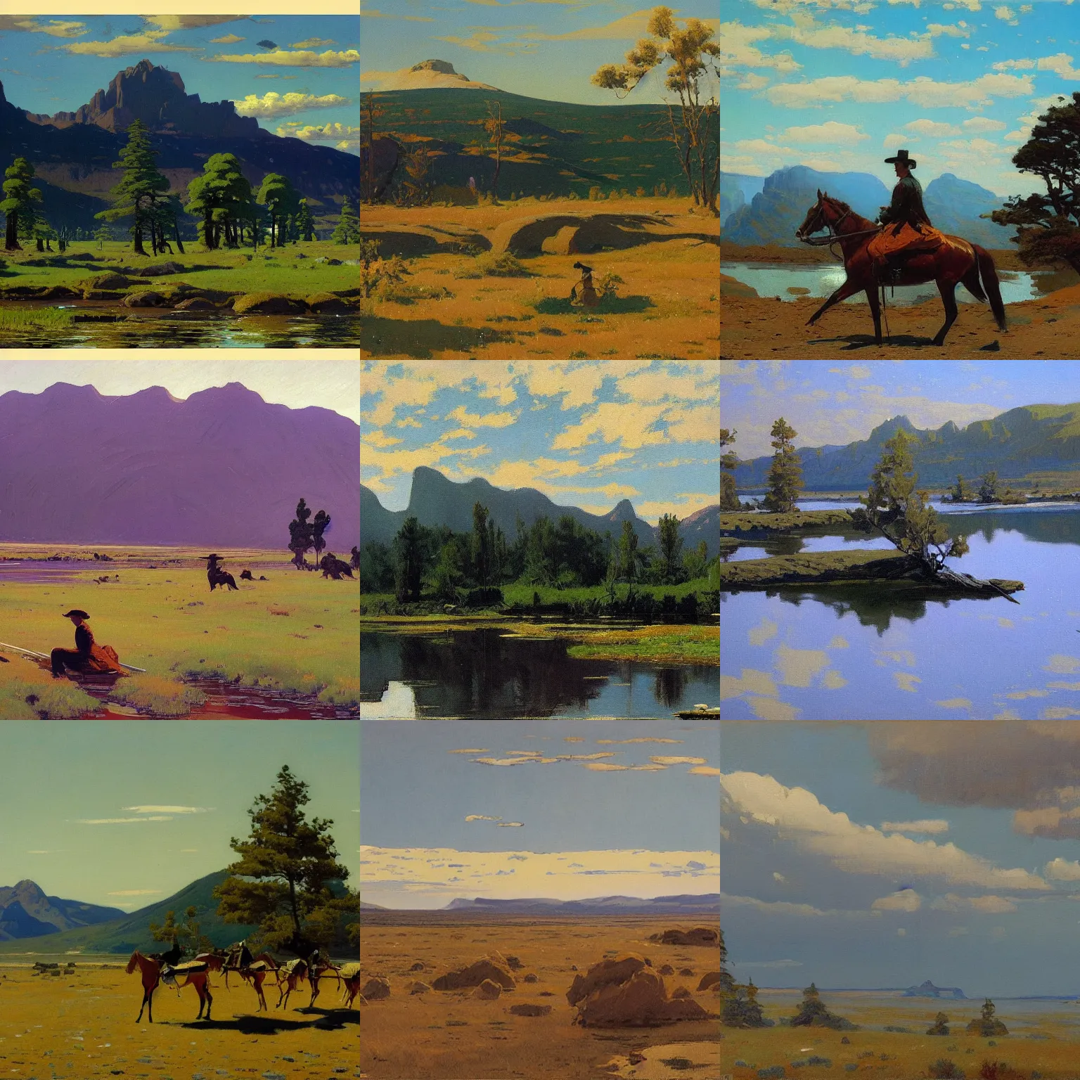 Prompt: a beautiful painting of a serene landscape, by frederic remington, trending on artstation