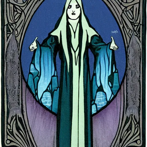 Prompt: a cloaked mage casting a magic spell from her hand toward an ice castle, art nouveau