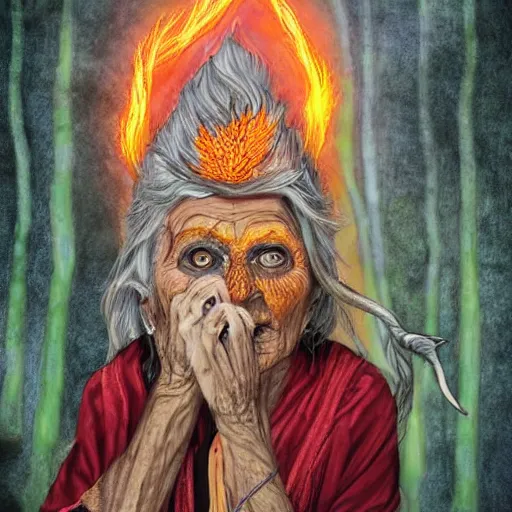 Prompt: old crone singing the song of forgetting in a gloomy misty forest with vibrant orange leaves on a nearby golden pedestal burn seven red candles. smoke fire. high detail, detailed face with piercing green eyes illustration surreal