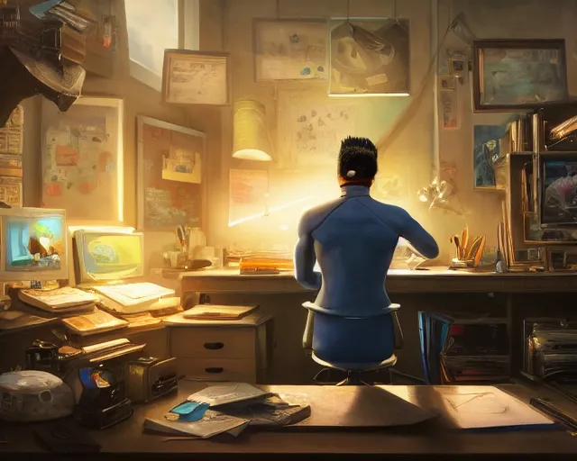 Image similar to an insanely detailed painting of a nerdy asian man wearing a superhero costume, sitting at a desk, staring at the nervously at the computer and typing, in the style of peter mohrbacher, dramatic lighting and composition, octane render, pixar, trending on artstation, concept art, comic book, view from behind