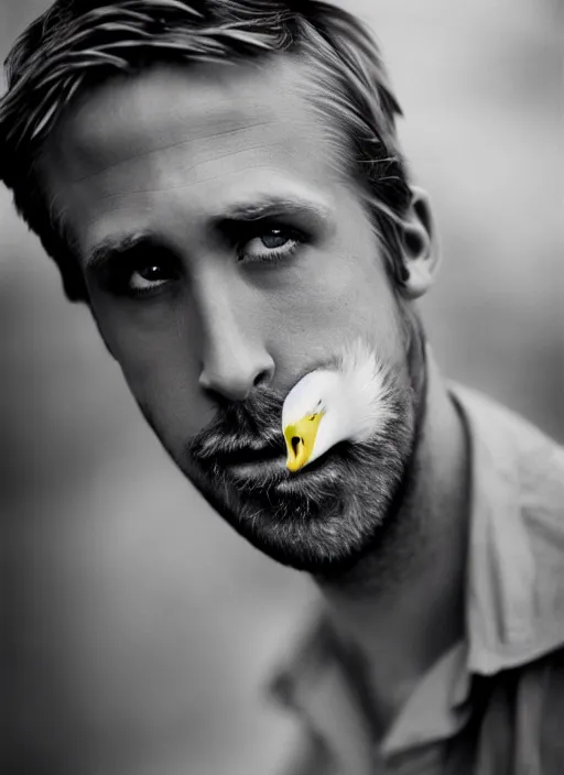 Image similar to portrait of humanoid goose ryan gosling a beak, natural light, sharp, detailed face, magazine, press, photo, steve mccurry, david lazar, canon, nikon, focus